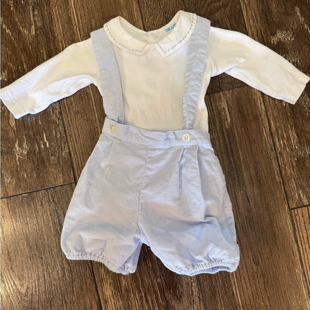 Luli & Me White Top with Light Blue Suspender Shorts Set